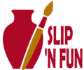 Logo - for Slip 'N Fun with crafted pot and paint brush
